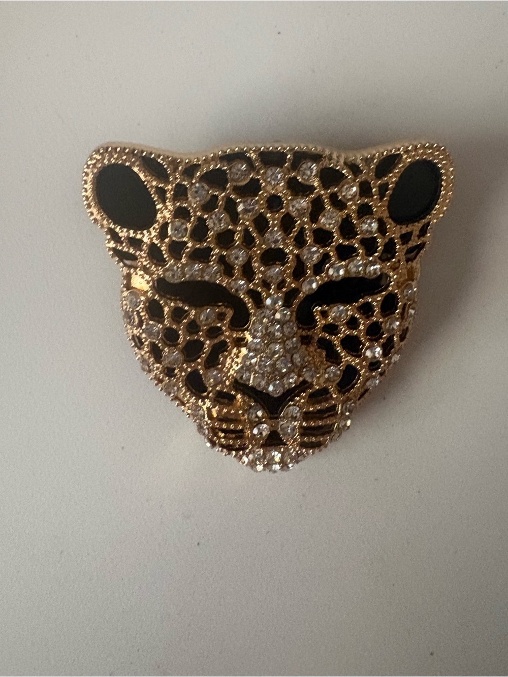 Gold and Black Leopard Head Brooch with Crystal Accents